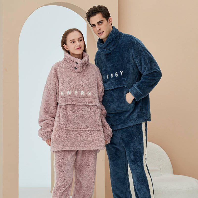 Beakey Thickening Coral Fleece Pajamas Set for Women-NavyBlue
