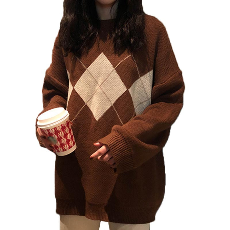 Beakey Women Plaid Sweater Preppy Style Vintage Pullover-Camel