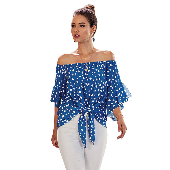 Beakey Womens Wave Point Off Shoulder Tops 3/4 Flared Sleeve Tops Casual Tie Knot-Sky Blue-LC252344