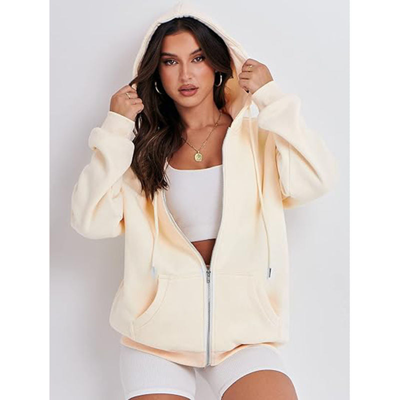Beakey Womens Zip Up Hoodies with Pockets Y2K Oversized Sweatshirts-Milky White