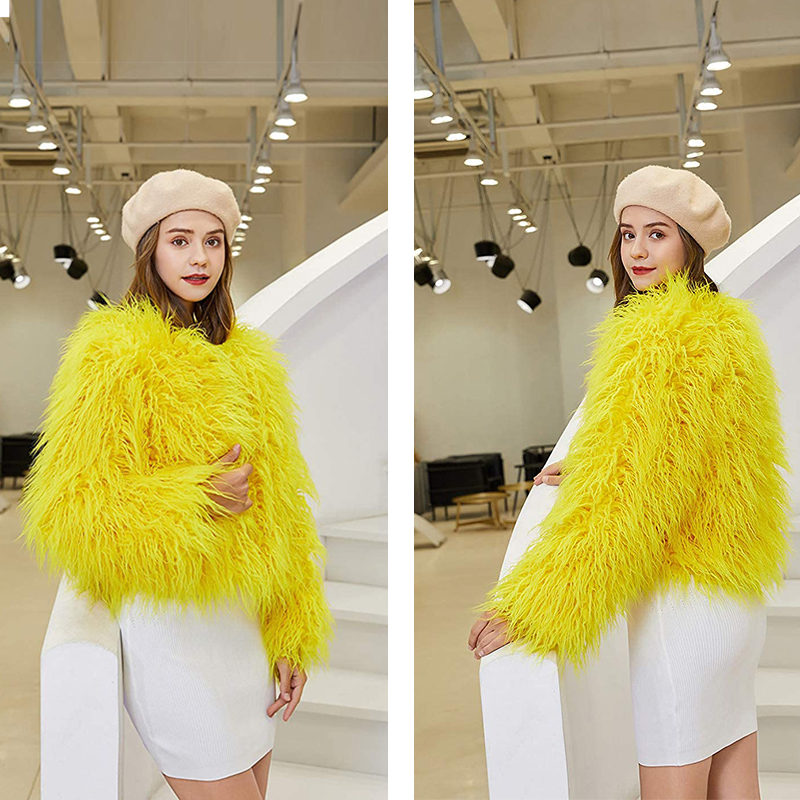 Beakey Womens Shaggy Faux Fur Outwear Short Thermal Coat-Yellow