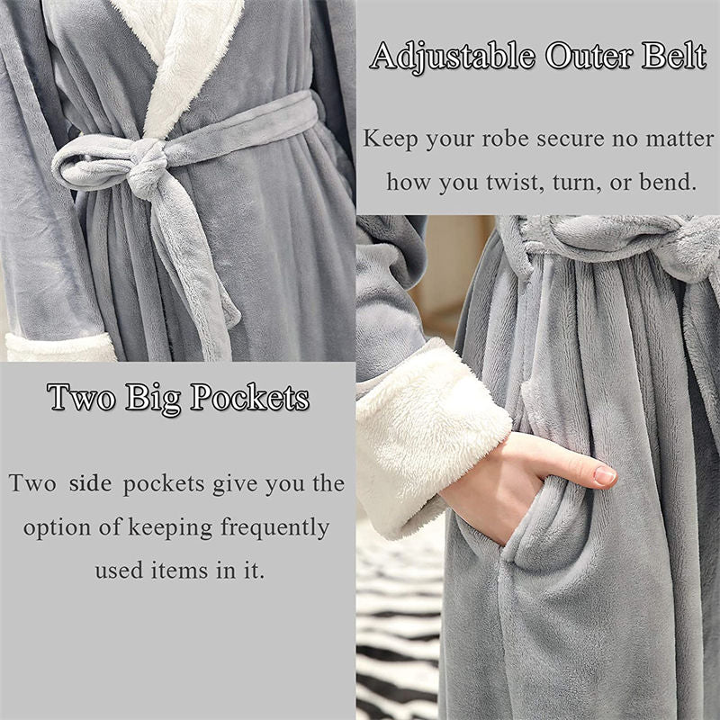 Beakey Womens Winter Robe Soft Plush Warm Spa Long Bathrobe Pajamas-Grey