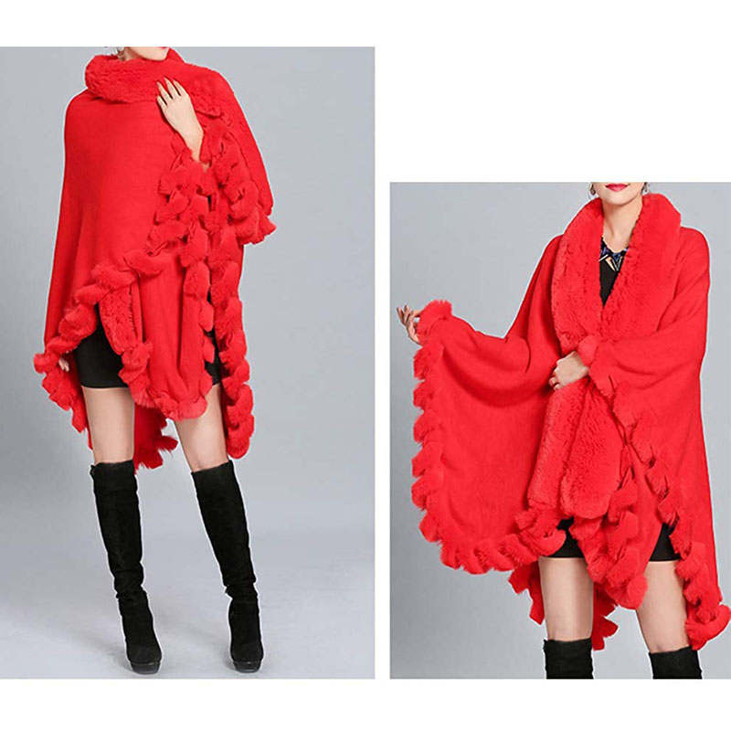 Beakey Womens Faux Fox Fur Trim Cardigan Shawl Oversized Cape-Red