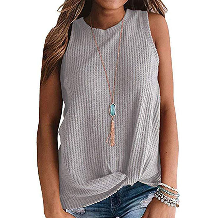 Beakey Womens Waffle Knit Vest Casual Blouse Sleeveless Twist Knot Tank Tops-Light Gray-YT8829