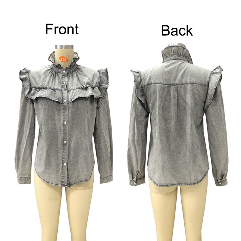 Beakey Doll Collar Denim Shirt for Women Long Sleeve Casual Ruffle Blouse