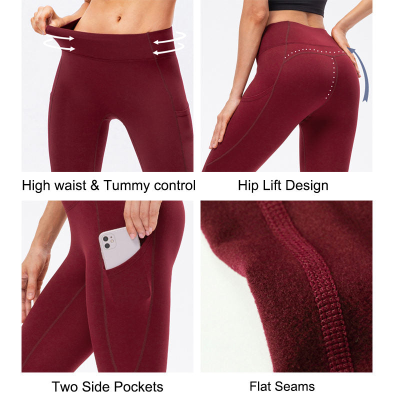Beakey Womens Fleece Leggings with Pockets Tummy Control Thermal Yoga Pants-Red