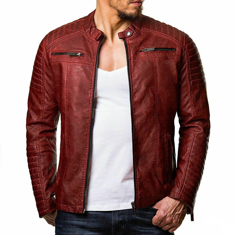 Beakey Mens Slim Fit Leather Jackets Stand Collar Zip Up Motorcycle Coat-Red