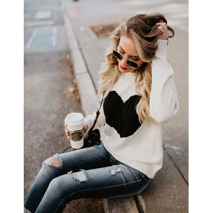 Beakey Women Cute Sweaters Heart Crewneck Long Sleeve Knitted Pullover Sweater-Apricot-118004