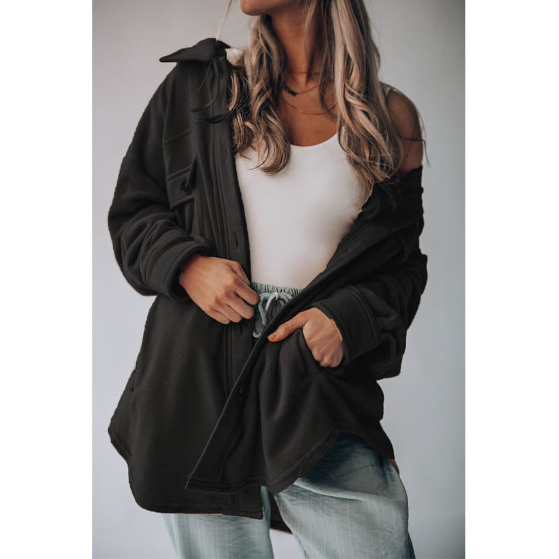Beakey Womens Fleece Long Sleeved Shirt Casual Boyfriend Blouse Top-Black