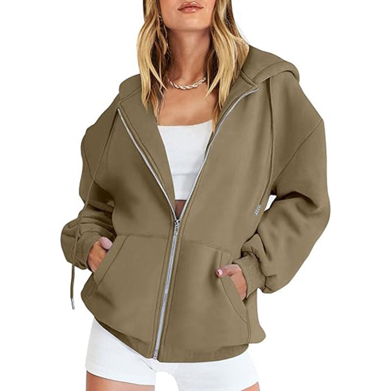 Beakey Womens Zip Up Hoodies with Pockets Y2K Oversized Sweatshirts-Khaki