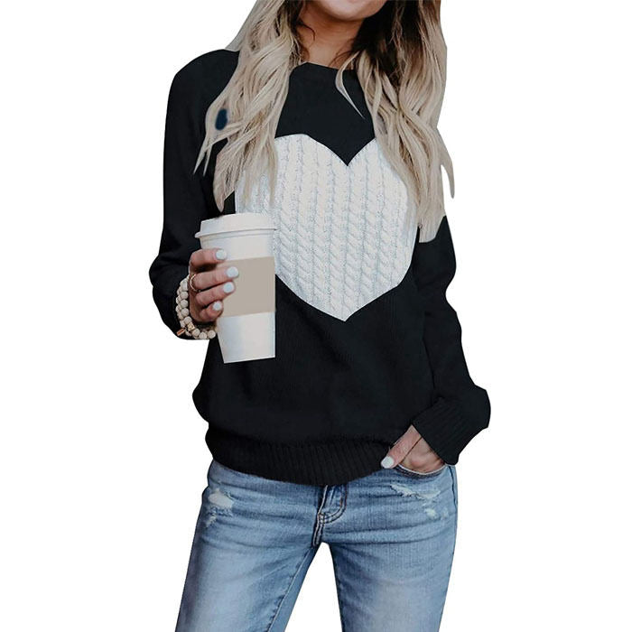 Beakey Women Cute Sweaters Heart Crewneck Long Sleeve Knitted Pullover Sweater-Black And White-118004
