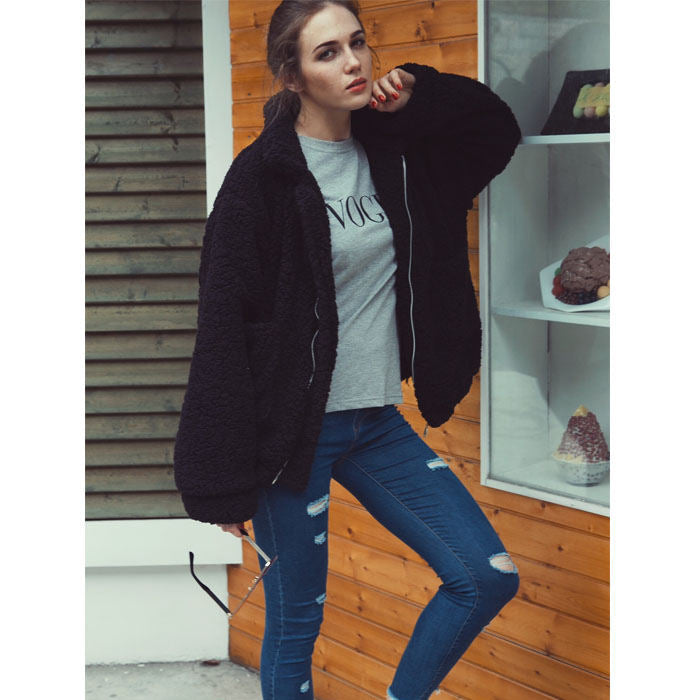 Beakey Women's Lapel Zip Up Coat Faux Shearling Shaggy Oversized  Jacket Warm Winter-Black-T0647