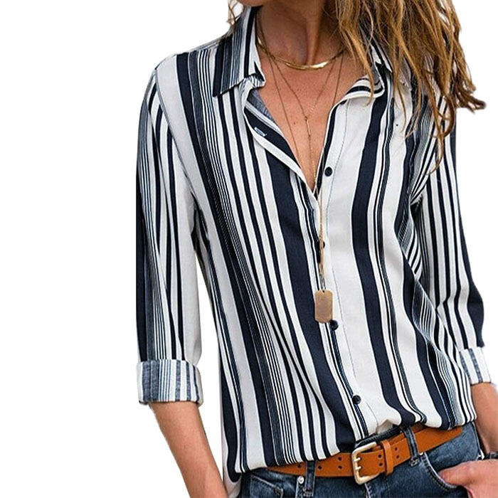 Beakey Women Autumn V Neck Striped Printing Roll up Sleeve Button Down Blouses Top-White-623