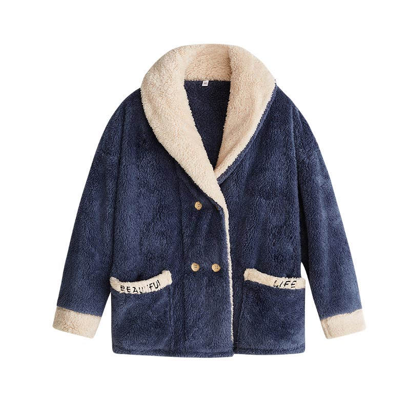 Beakey Womens Plush Pajamas Cardigan Set Loungewear-Navy Blue