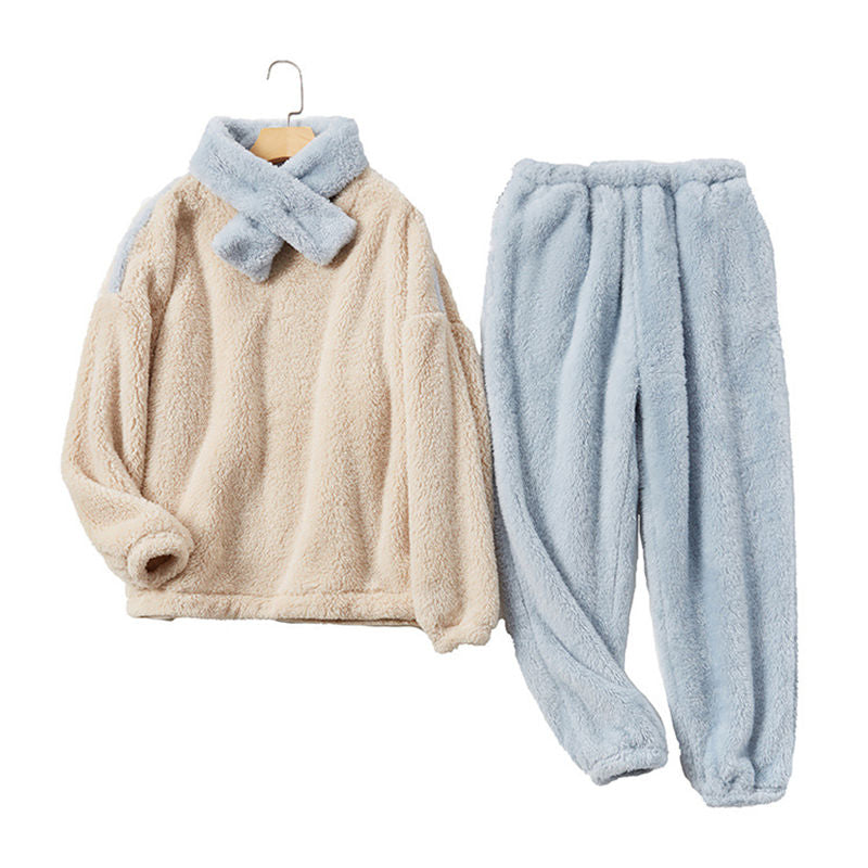 Beakey Womens Thickened Coral Fleece Pajamas Set with Scarf-Blue
