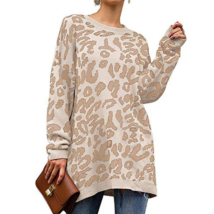 Beakey Women¡¯s Leopard Print Long Sleeve Knitted Oversized Pullover Sweaters-White-HT20200301