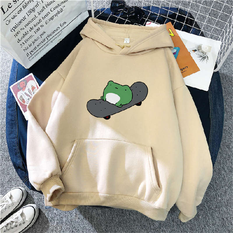 Beakey Womens Cute Hoodie Skateboarding Frog Long Sleeve Pullover-Apricot