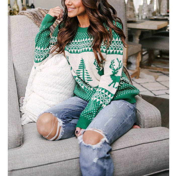 Beakey Women Long Sleeve Christmas Tree Reindeer Holiday Knit Sweater Pullover-Green-CFB0032