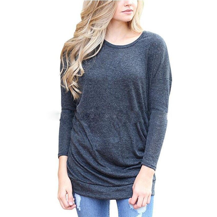 Beakey Women's Casual Long Sleeve Round Neck Loose T Shirt Blouse Tops-Dark Gray-88041