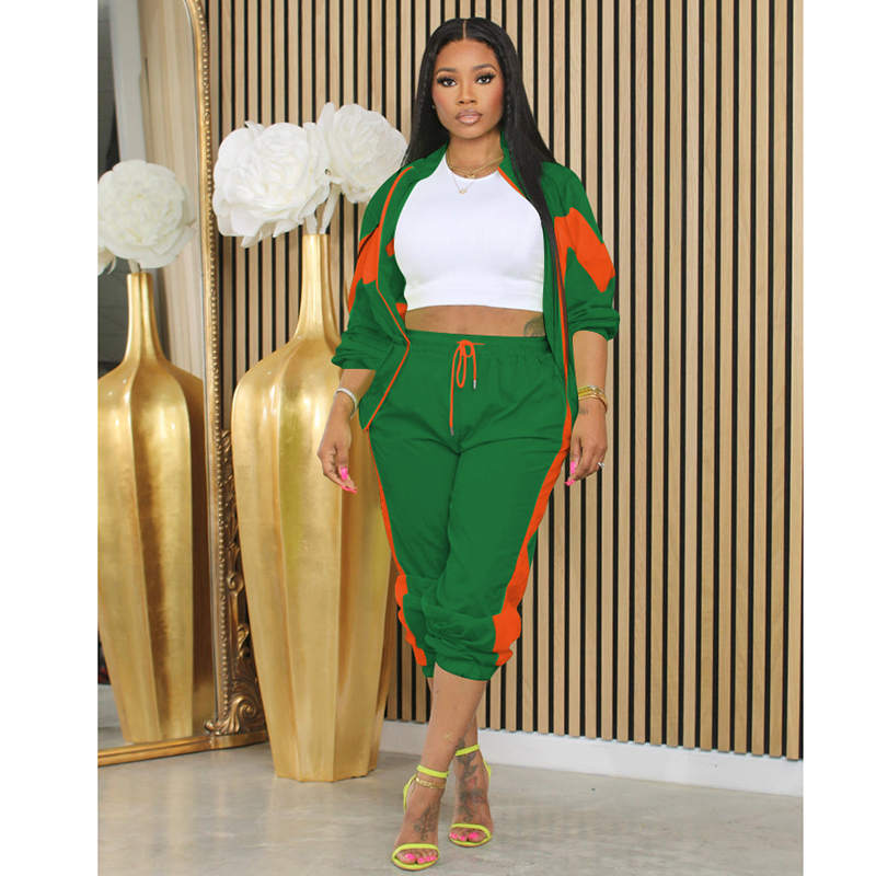 Beakey Womens Windbreaker Jacket Pants Colorblock Patchwork Tracksuit-Green