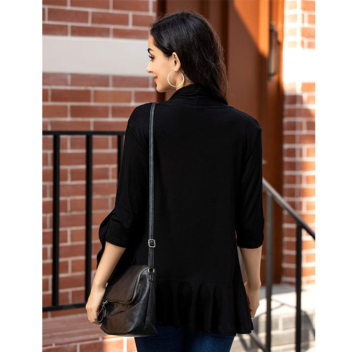 Beakey Women's Open Front Cardigan 3/4 Sleeve Draped Ruffles Soft Knit Sweaters-Black-8012