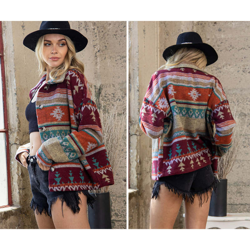 Beakey Womens Aztec Shacket Jacket Boho Wool Blend Coat with Pockets-WineRed