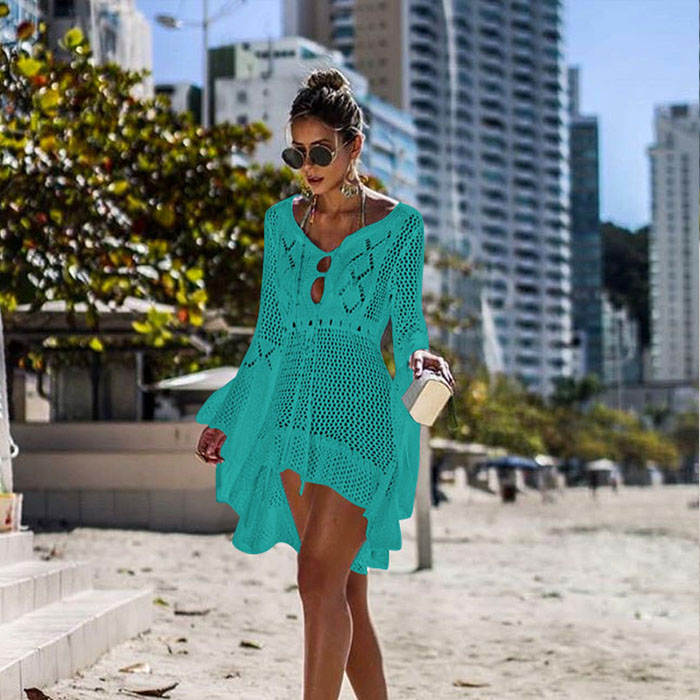 Beakey Women Beach Swimsuit for Women Flared Sleeves Coverups Bikini Loose Cover Up Net-Lake Green