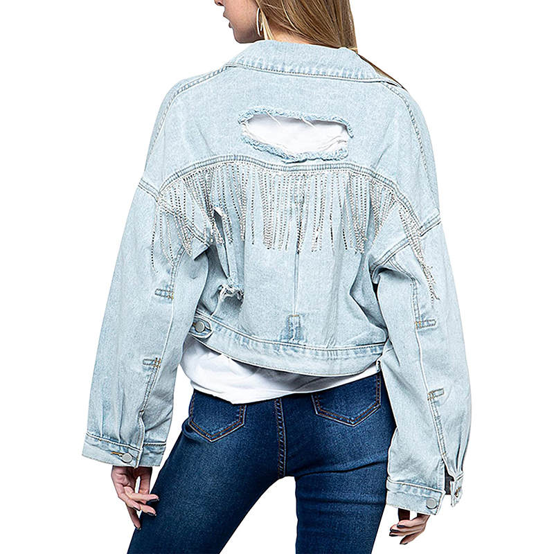 Beakey Womens Denim Jacket with Fringe Rhinestones Crop Casual Coat-LightBlue
