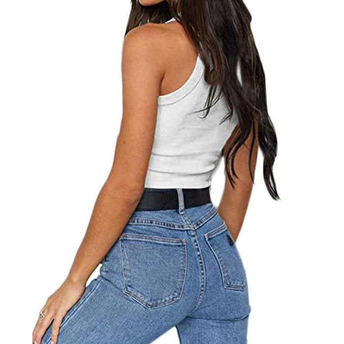Beakey Vest For Women Notch Sleeveless Summer Ribbed Short Leaking Belly Tank Tops-White-3011