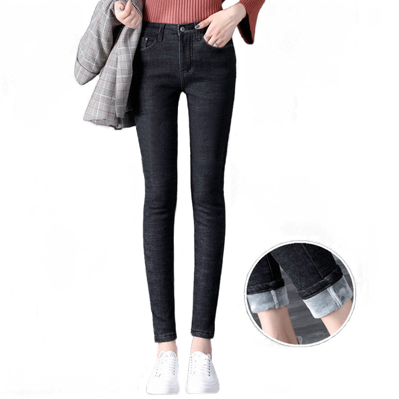 BeakeyWomens Fleece Jeans with Pockets High Waist Stretch Pants-1666-Black