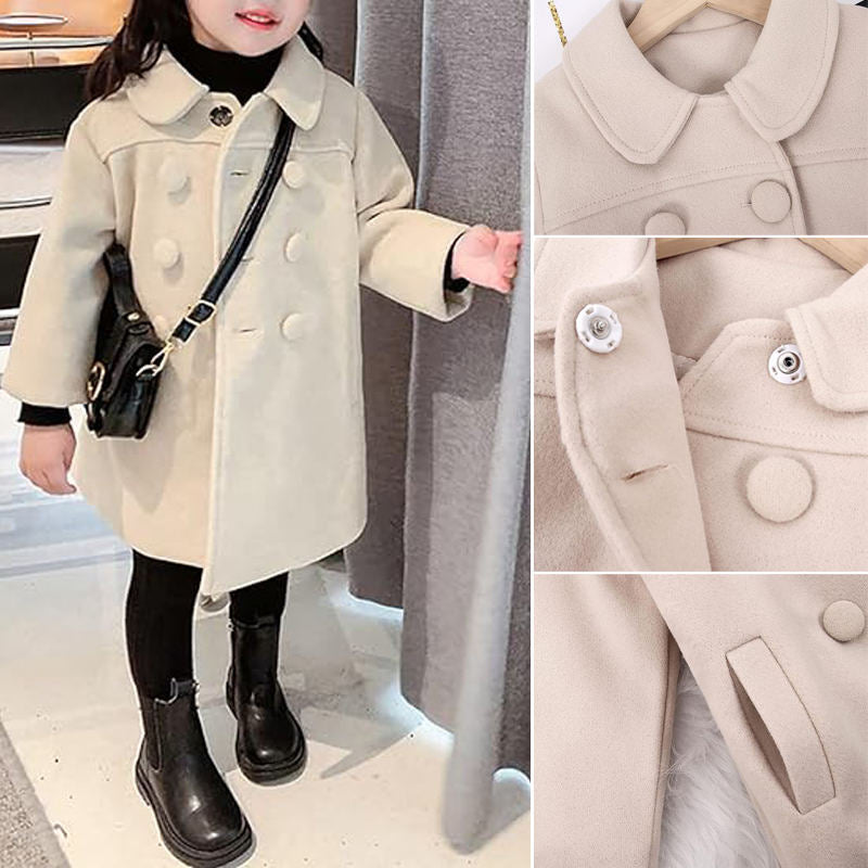 Beakey Long Pea Coat for Kids Girls Long Sleeve Button Outerwear Winter-Beige