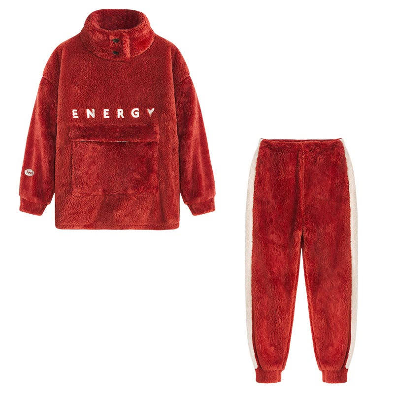 Beakey Thickening Coral Fleece Pajamas Set for Women-Red