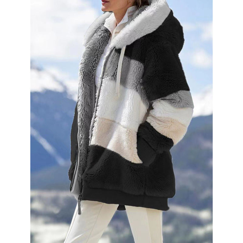 Beakey Womens Warm Coats Fuzzy Sherpa Hooded Jacket with Pockets-Black