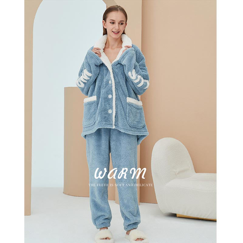 Beakey Womens Winter Fleece Pajamas Set Warm Loungewear-Haze Blue