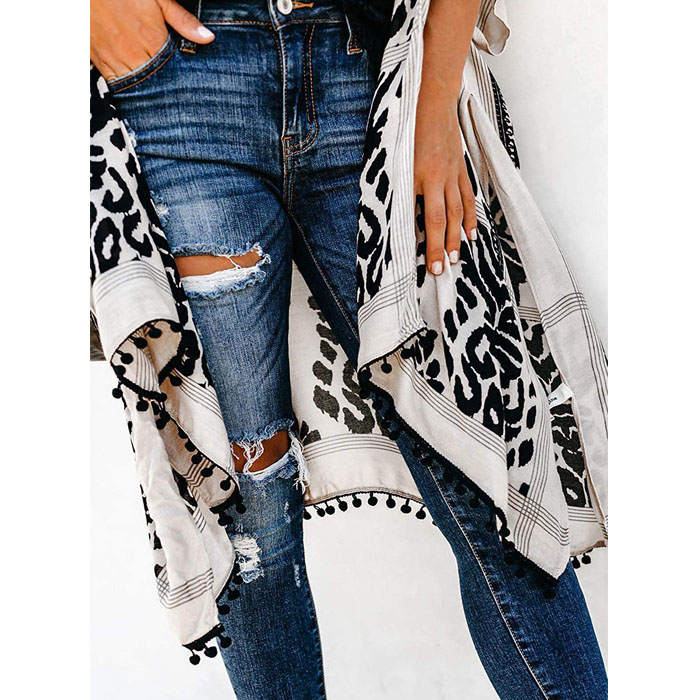 Beakey Women Print Kimono Tassel Casual Cardigan V Neck Loose Swimsuit Cover Up Beachwear-Black