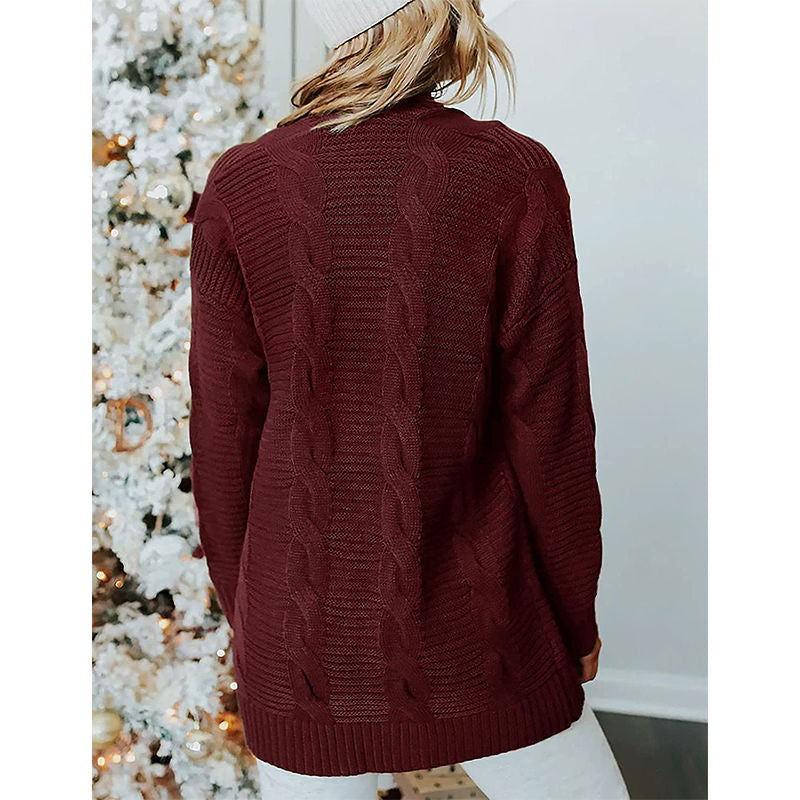 Beakey Womens Long Sleeve Cable Knit Cardigan Sweater Mid Length Coat-Wine Red