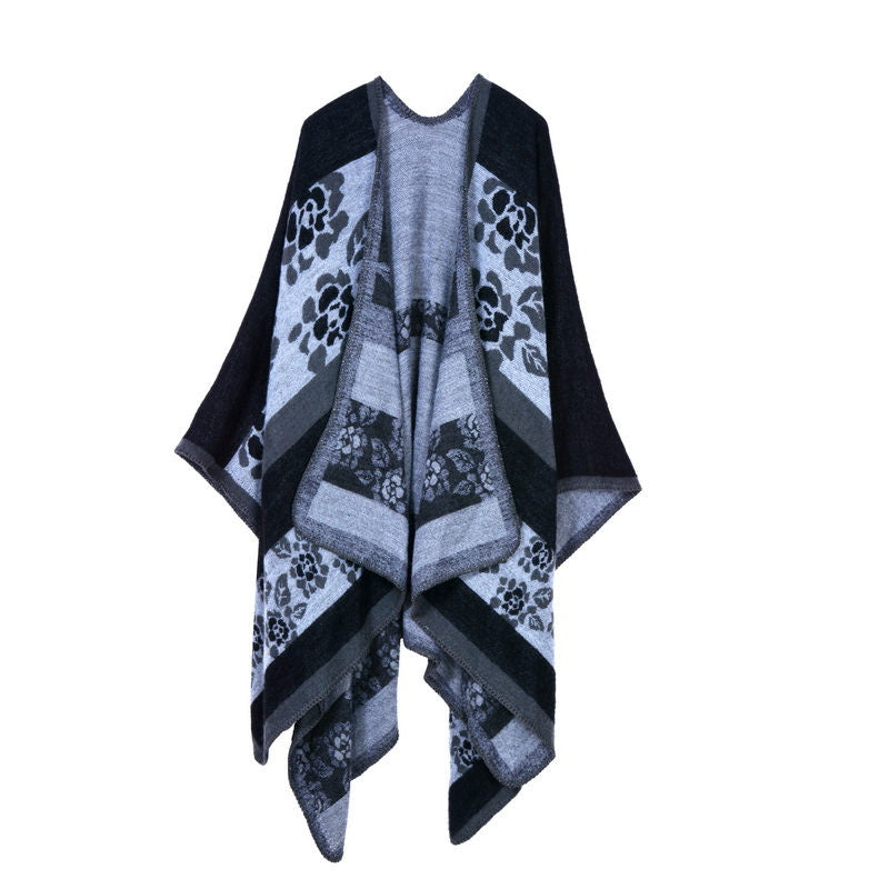Beakey Womens Winter Reversible Oversized Blanket Cape Shawl-Flower Black