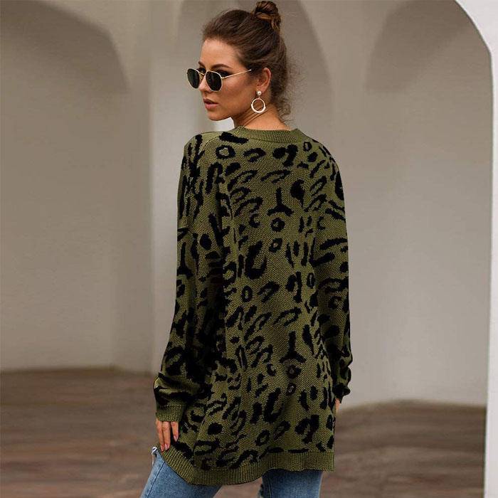 Beakey Women¡¯s Leopard Print Long Sleeve Knitted Oversized Pullover Sweaters-Army Green-HT20200301