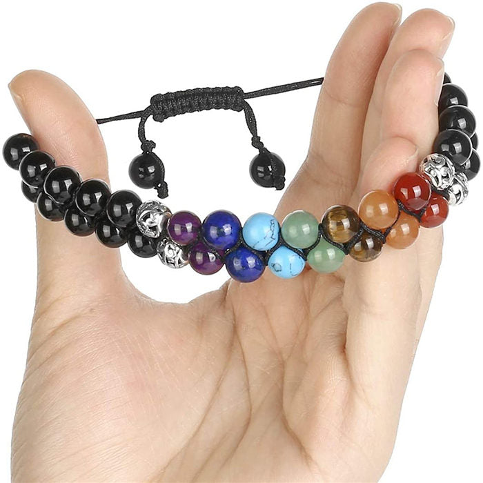 Beakey Bead Bracelet 7 Chakras Healing Crystals Bracelet Stone Beads Double Layer Bracelets-Black Agate Bracelet