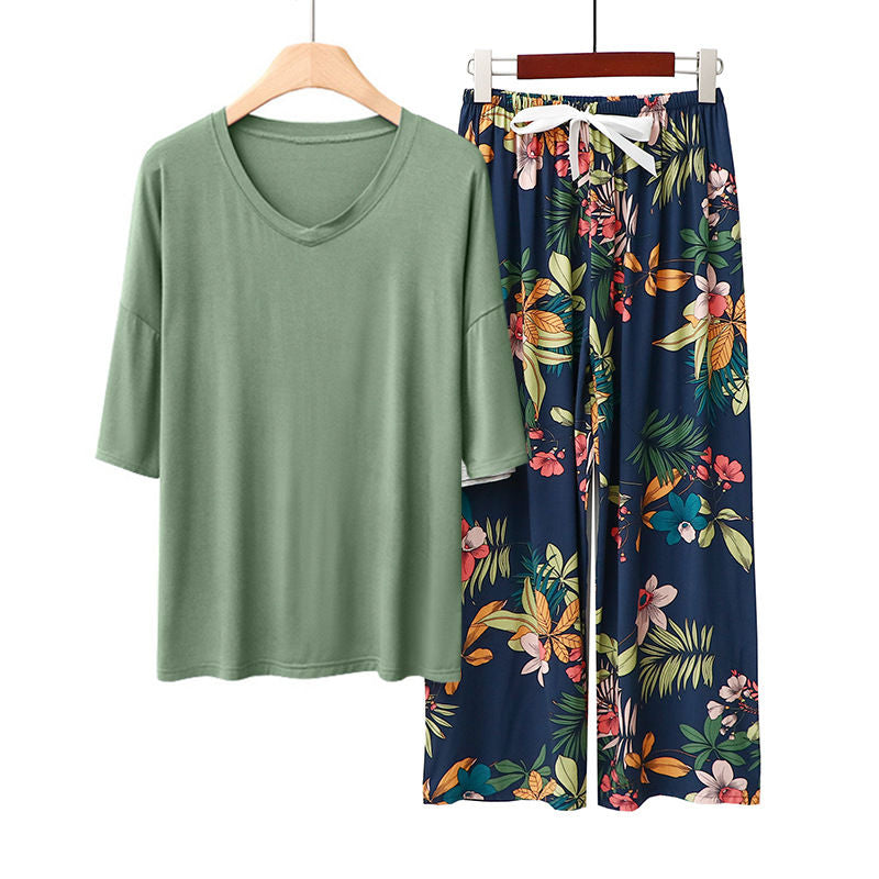 Beakey Womens Pajama Set Print Sleepwear Soft V-Neck Short Sleeve Top With Pants-14