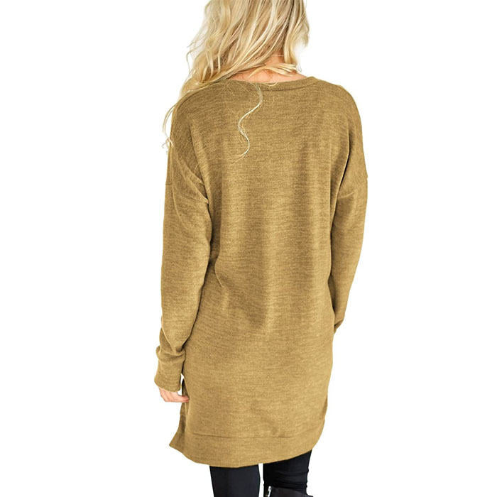 Beakey Womens Casual V Neck Long Sleeves Pocket Solid Color Sweatshirt Split Tops-Khaki-W0083