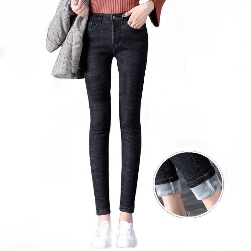 Beakey Womens Fleece Jeans with Pockets High Waist Stretch Trousers-1677-Black
