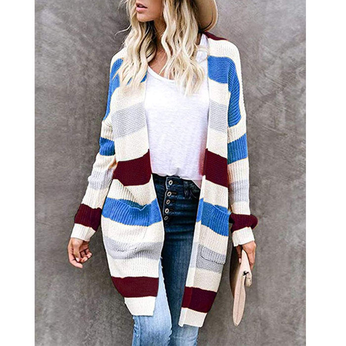 Beakey Women¡¯s Open Front Long Cardigan Strip Color Block Knit Fall Outwear Sweater-Blue-AL6014