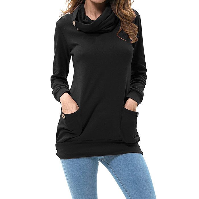 Beakey Womens Long Sleeve Buttons High Neck Casual Sweatshirts Tunic Tops With Pockets-Black-T4554