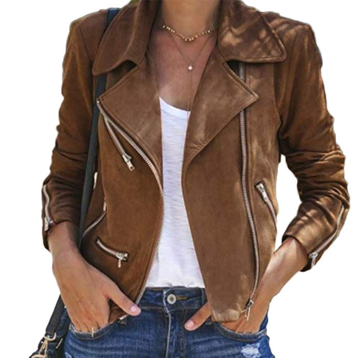 Beakey Women's Multiple Zippers Notch Collar Moto Jacket Casual Short Coat-Dark Khaki-YC0271