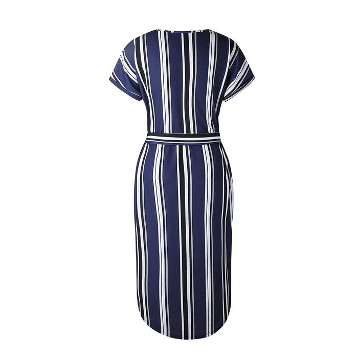Beakey Womens Sexy Dresses Summer Casual V-Neck Printing Pattern Belted Slim Dress-Blue Strips