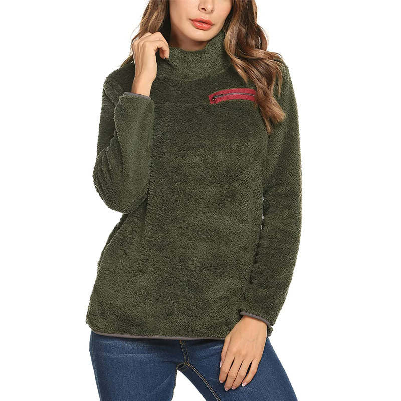 Beakey Womens Turtleneck Sweatshirt Winter Faux Fuzzy Sherpa Pullover-Army Green