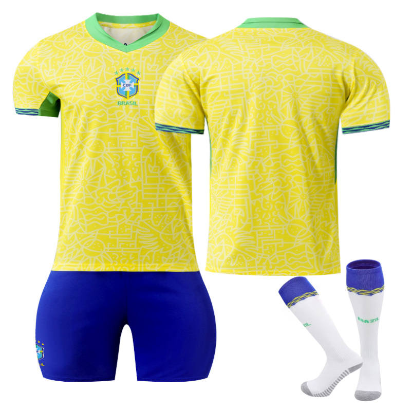 Beakey Brazilian Home Jersey Soccer Jersey Kit Football T-shirt Set for Adult Kids
