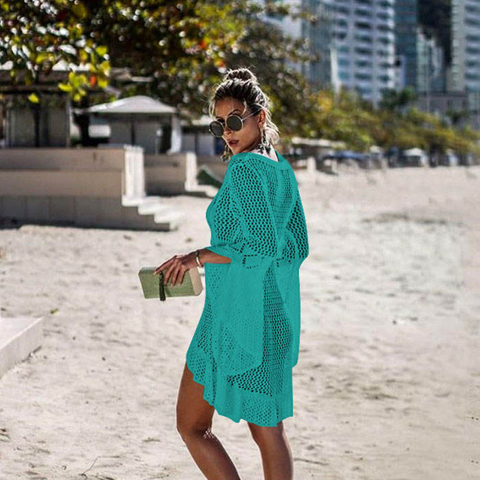 Beakey Women Beach Swimsuit for Women Flared Sleeves Coverups Bikini Loose Cover Up Net-Lake Green
