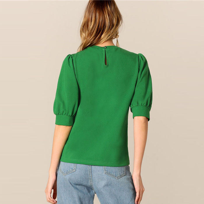 Beakey Women's Unique Puff Sleeve Casual Solid Top Pullover Keyhole Back Blouse-Green-8821